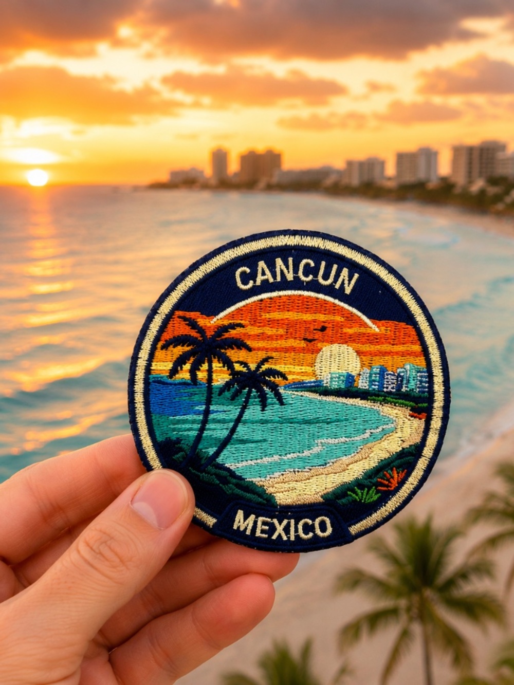 Cancun Mexico Embroidered Patch - Tropical Sunset Design